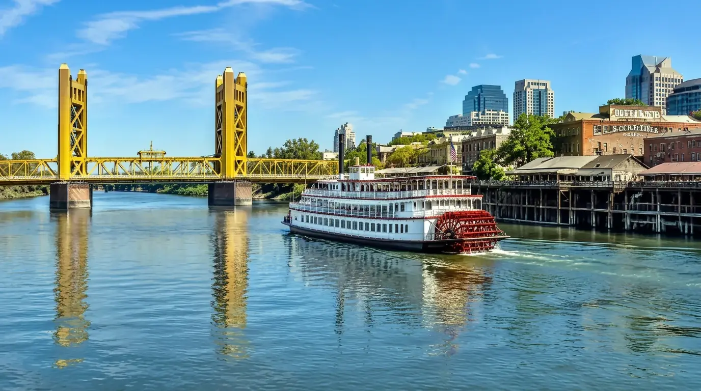 The golden Tower Bridge and a riverboat on the Sacramento River waterfront